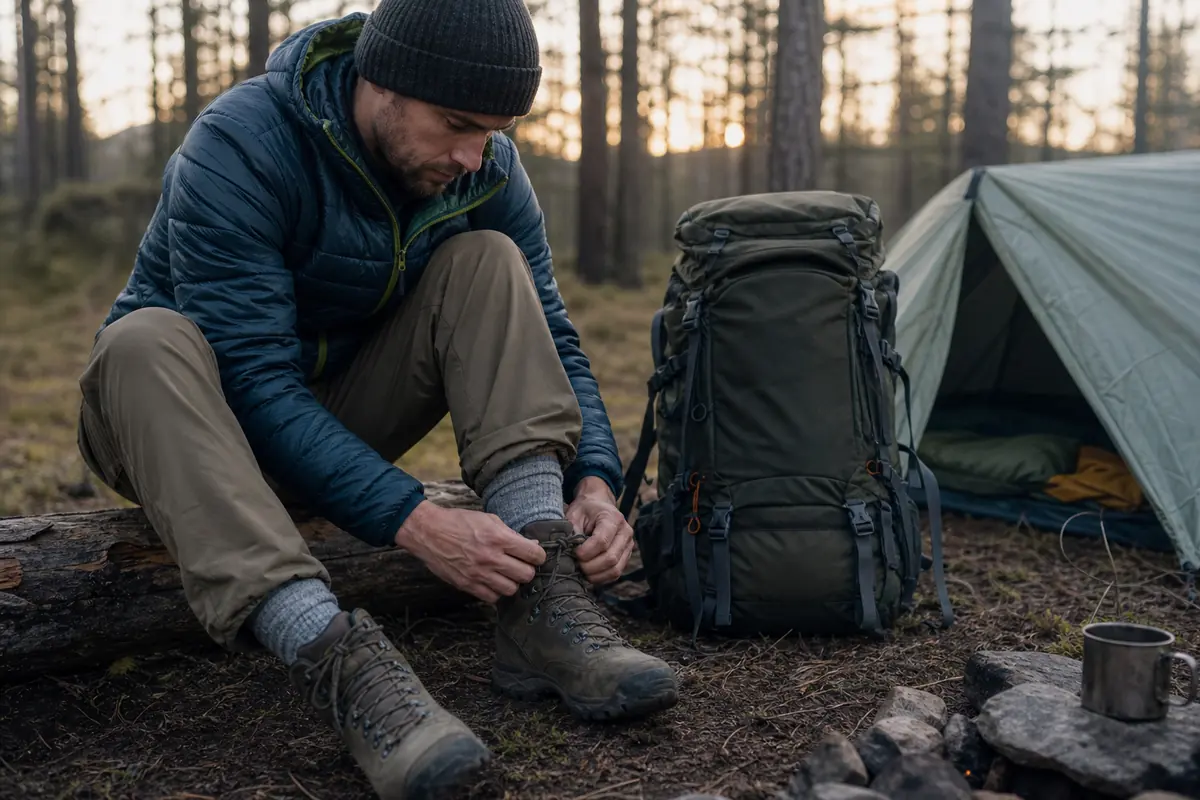 Trekker checking boots, feet, and route notes beside a packed backpack on the second morning - multi-day trek rehearsal | KnowOutdoor