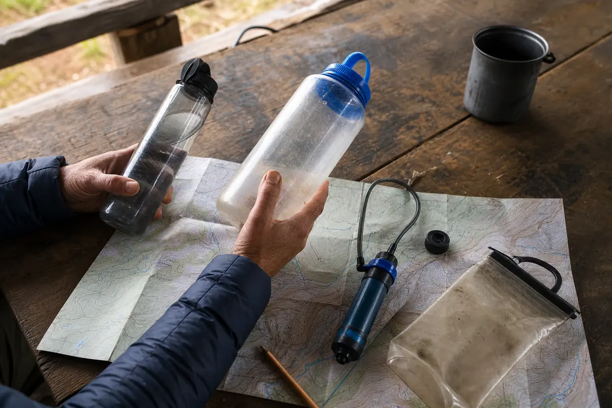 Trekker comparing water capacity, treatment gear, and marked refill gaps on a paper route plan - trek water planning | KnowOutdoor