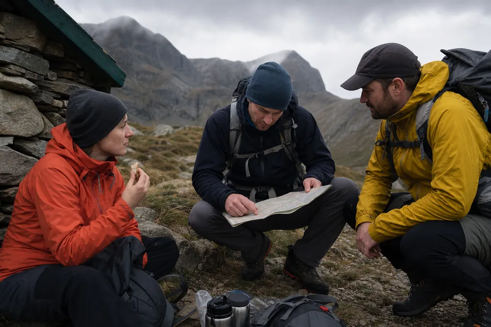 Three trekkers use a private check-in card covering pain, food, water, cold, pace, and the next checkpoint - Group morale check | KnowOutdoor