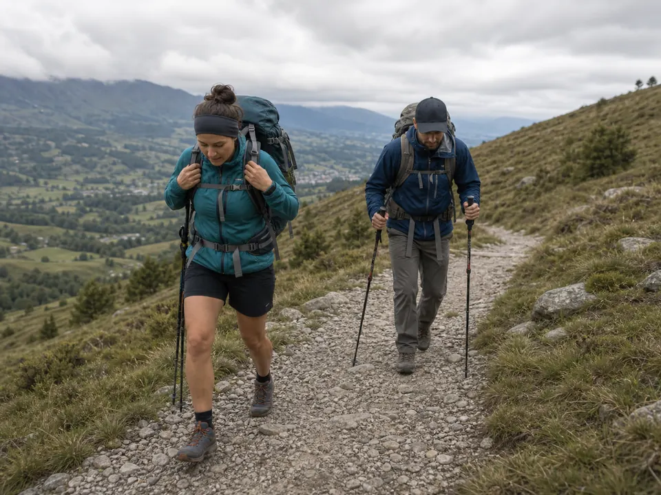 Two trekkers practicing uphill pacing with loaded packs on a gravel hillside