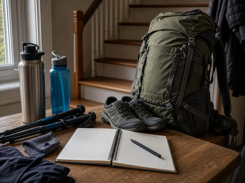 Loaded trekking pack, shoes, water bottles, poles, and a blank weekly training notebook beside stairs