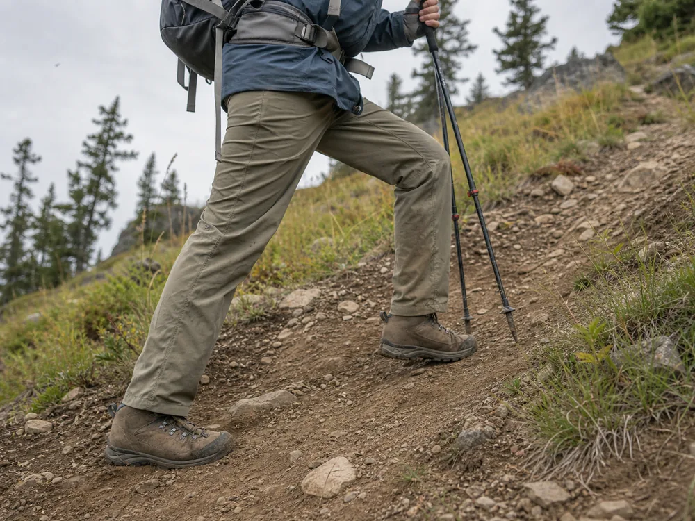Side view of a trekker transferring weight onto a straight rear leg during a steep uphill rest step - Rest step technique | KnowOutdoor