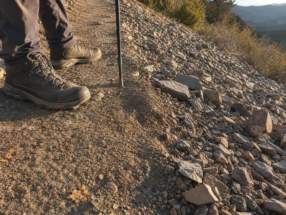 Boots compare a firm uphill trail with loose rock where a rest step would be less stable - Rest step terrain choice | KnowOutdoor