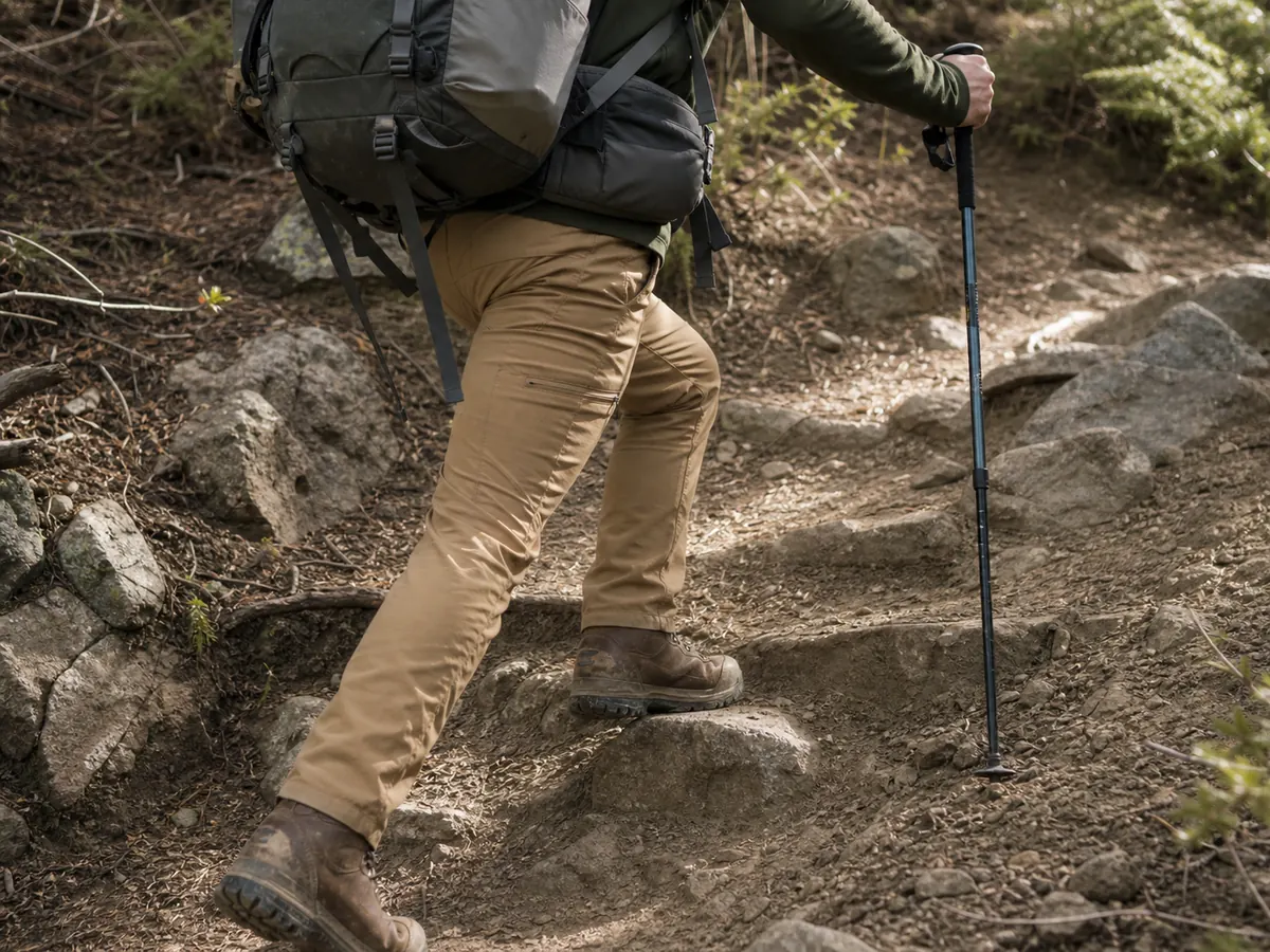 Trekker climbing steadily with a loaded pack on uneven trail - trekking exercise load | KnowOutdoor