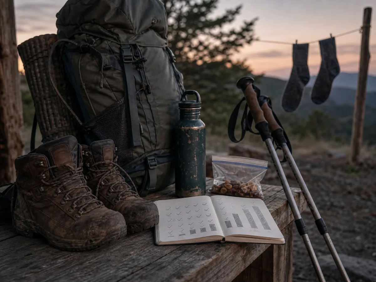 Trekking shoes, loaded pack, and notebook used to plan gradual training - trekking fitness progression | KnowOutdoor