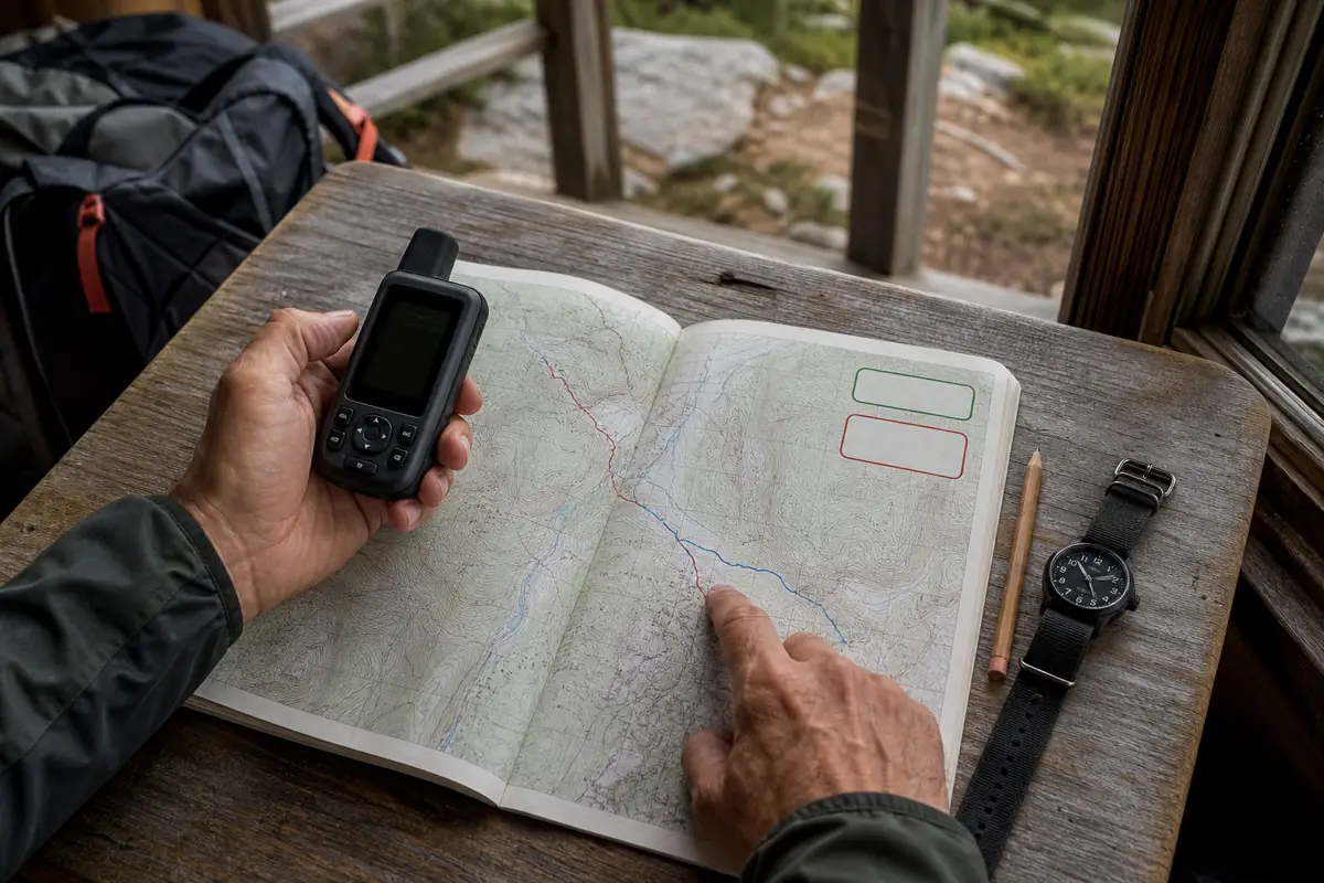 Paper solo trekking itinerary beside a satellite communicator with check-in and alarm times marked - solo trekking check-in plan | KnowOutdoor