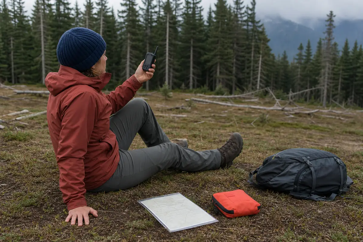 Solo trekker using a satellite communicator in an open clearing beside an emergency route card - solo trekking emergency signal | KnowOutdoor