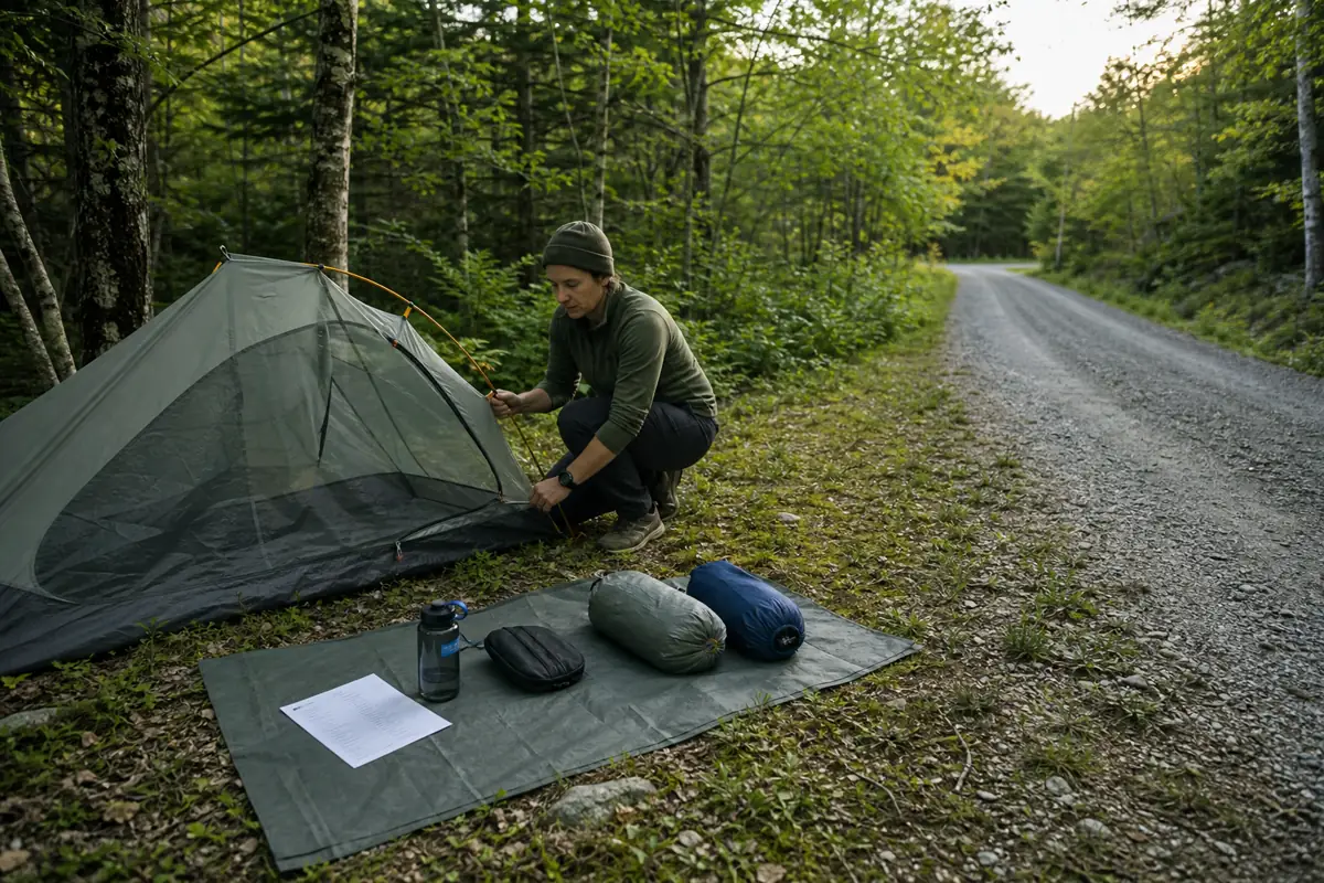 Solo trekker rehearsing a compact overnight camp near a marked exit road - solo trekking practice camp | KnowOutdoor