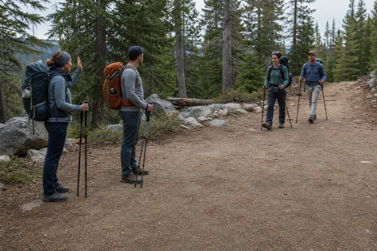 Loaded trekker waiting at a wide trail turnout while an uphill group passes in single file - trekking etiquette loaded passing | KnowOutdoor