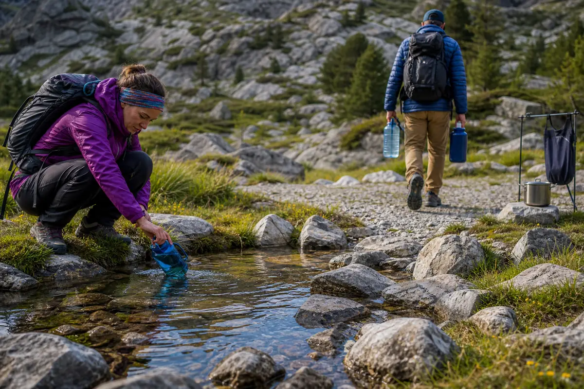 Trekker filling a bottle at a small flowing source before moving treatment gear to a durable area away from the bank - trekking etiquette water source | KnowOutdoor