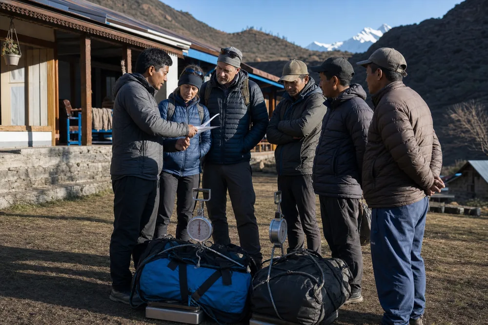 Trekking group reviewing a load agreement with guides and porters beside weighed duffel bags - trekking work agreement | KnowOutdoor