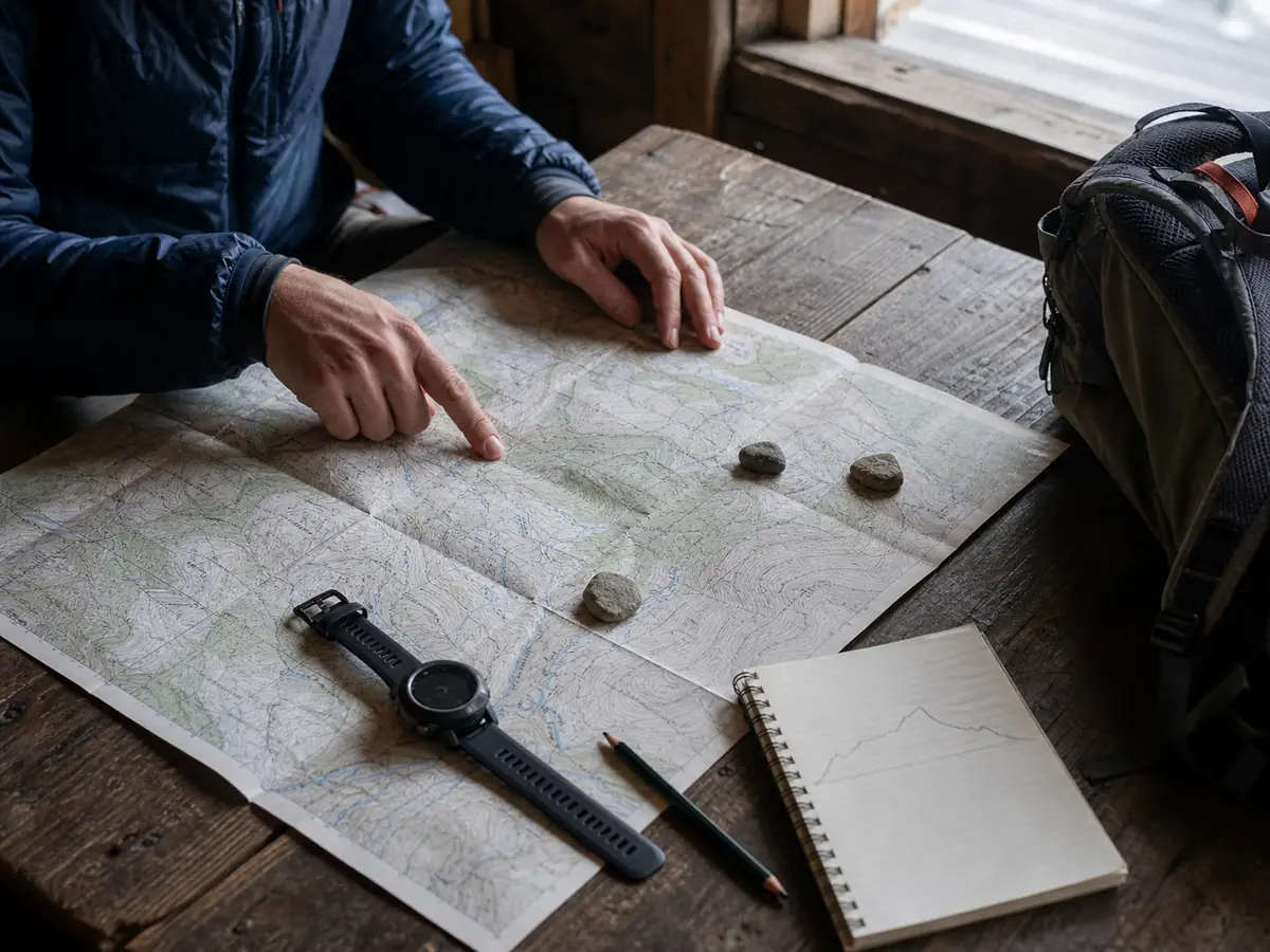 Trekker comparing a map, elevation sketch, watch, and overnight stages for a first multi-day route
