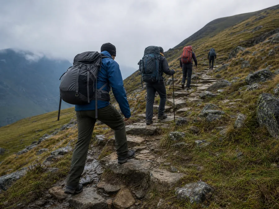 Beginner trekkers moving steadily with overnight packs on uneven mountain trail