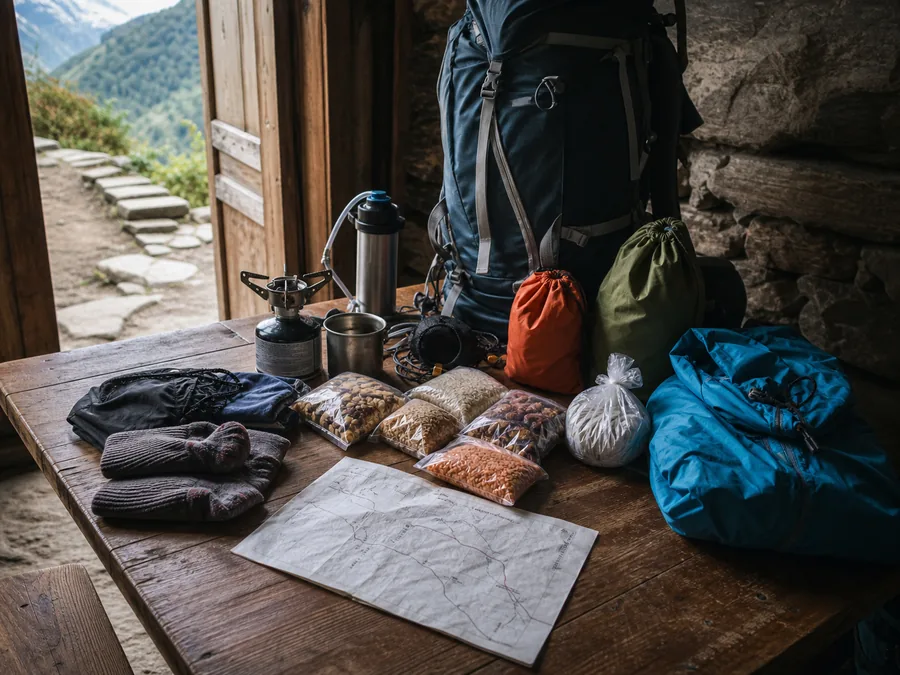Trekking pack, food bags, layers, water filter, stove, and route notes laid out before a trek