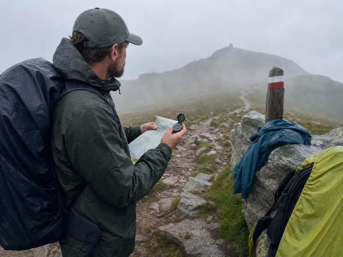 Trekker checking a paper map and compass beside a trail marker as mist reduces visibility