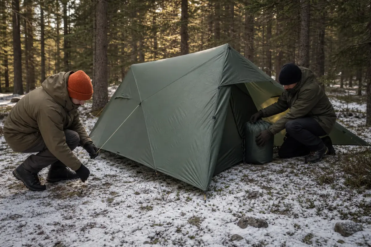 Two trekkers setting a sheltered winter camp before opening dry sleeping gear - winter camp sequence | KnowOutdoor