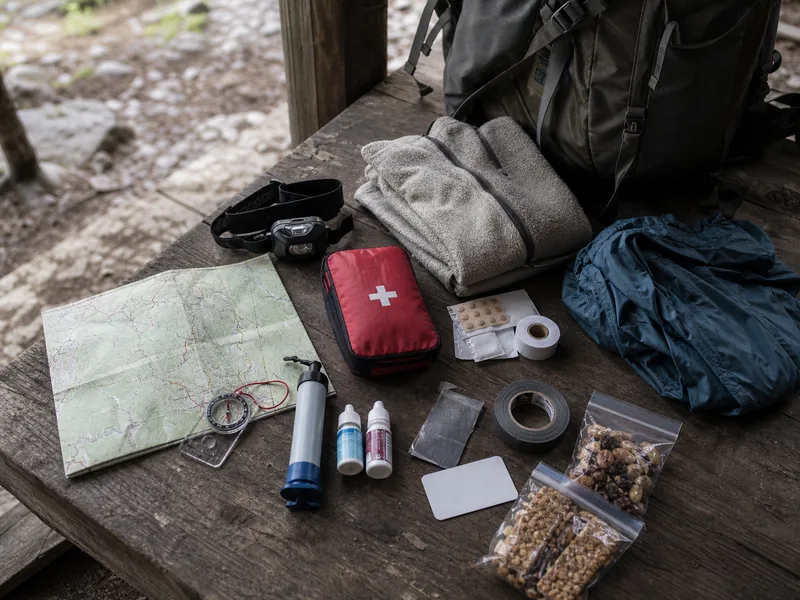Trekking safety kit with headlamp, map, water treatment, warm layer, repair tape, and first aid laid beside an overnight pack - trekking safety kit | KnowOutdoor