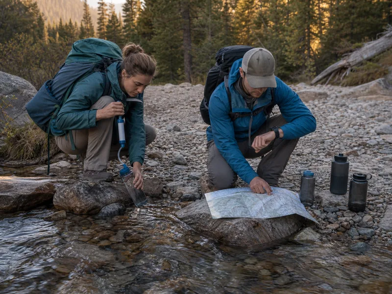 Trekkers filtering water beside a map with the next refill and camp time marked - trekking water safety margin | KnowOutdoor