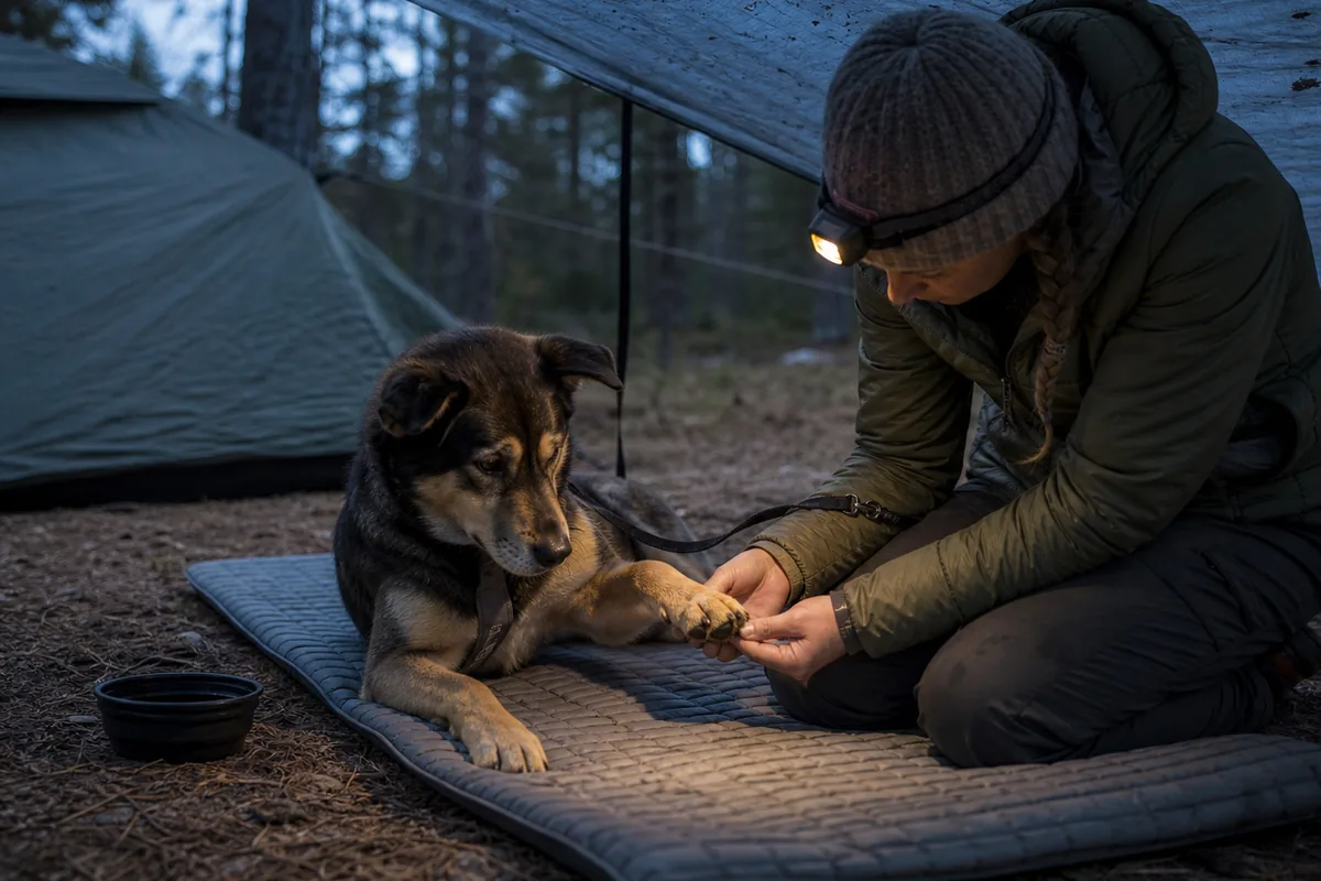 Leashed dog resting on a dry insulated mat while a trekker checks paws beside a small backcountry shelter - dog camp recovery | KnowOutdoor