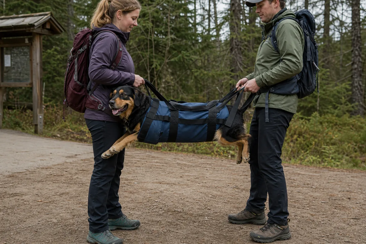 Two trekkers practicing a stable dog evacuation sling on a short forest path near a trailhead - dog carry practice | KnowOutdoor