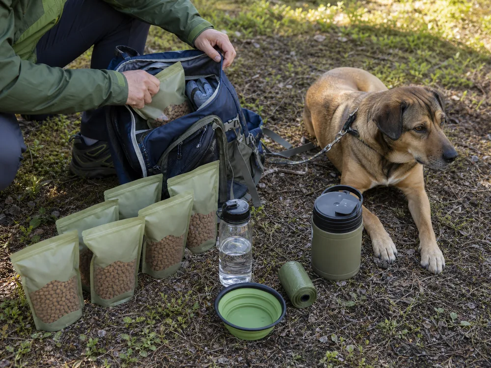 Measured dog food portions, clean water, bowl, waste bags, and sealed outer container arranged beside a trekking pack