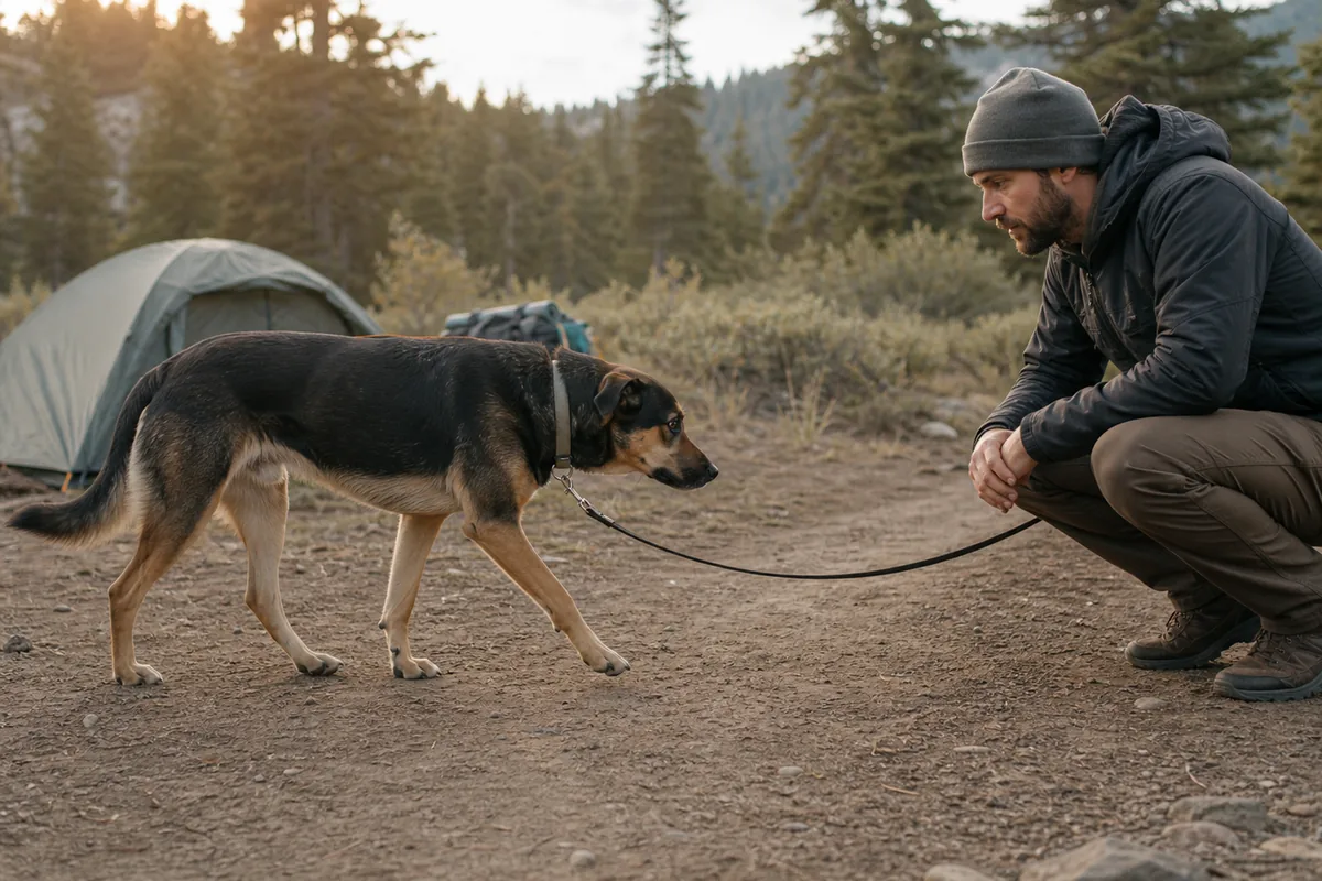 Trekker watching a dog take its first morning steps beside camp before fastening the pack - dog morning gait check | KnowOutdoor