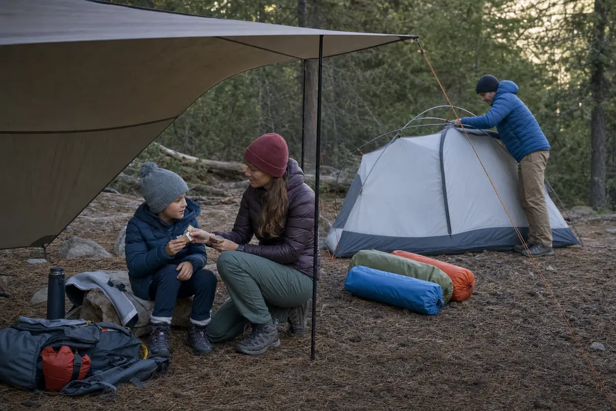 Family setting up a sheltered trekking camp while a child eats and changes into a warm layer - child camp recovery | KnowOutdoor