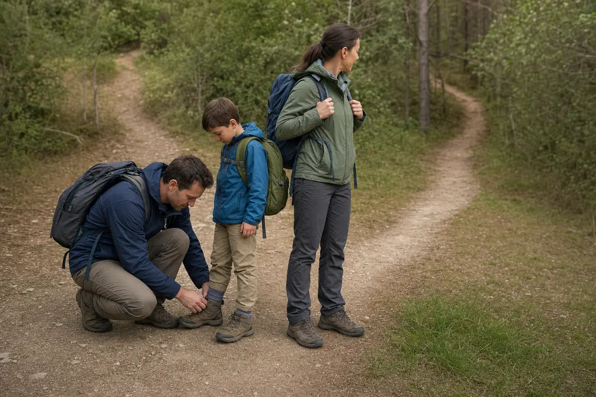 Family choosing a marked shorter trail exit after checking a tired child's feet and warm layer - family trekking exit decision | KnowOutdoor