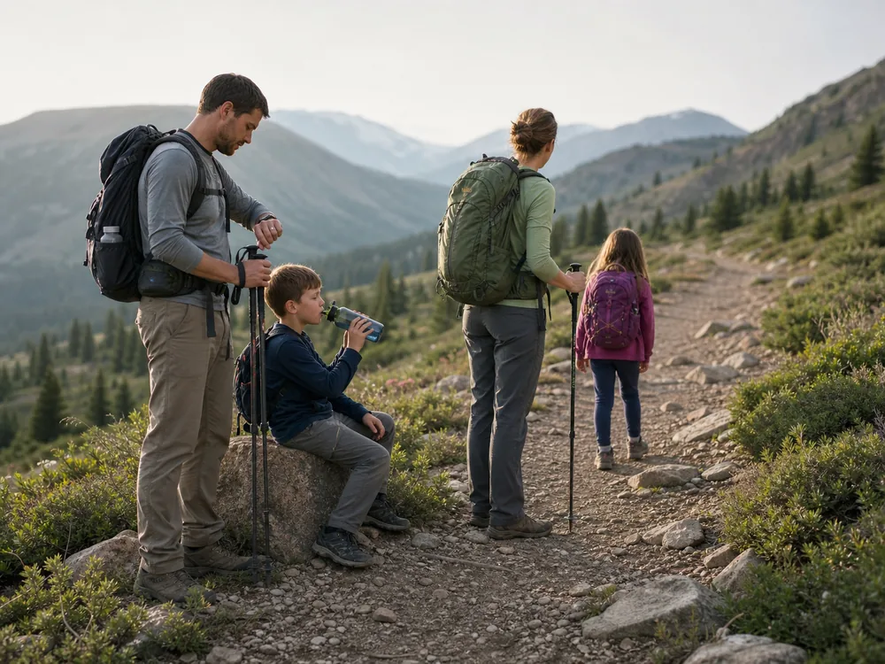 Family pausing together while an adult checks time and route after a child drinks water - trekking with kids | KnowOutdoor