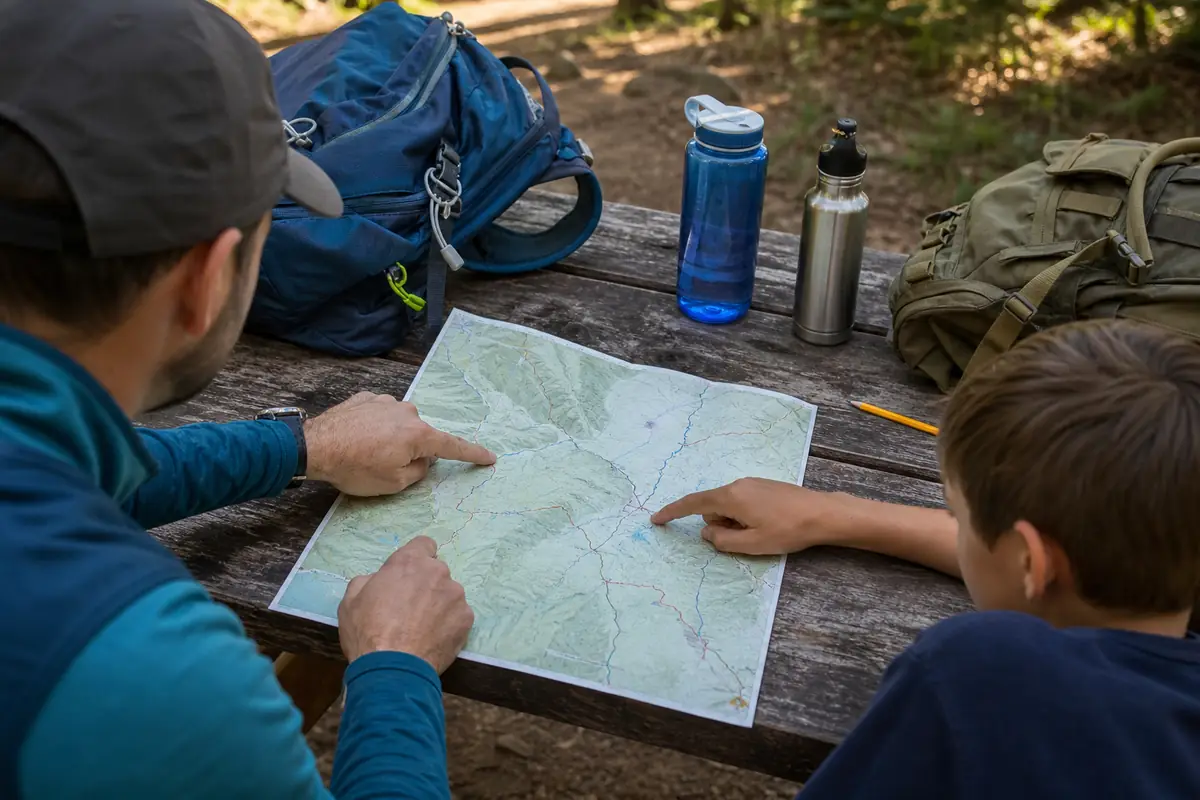 Parent and child comparing short trekking segments and marked exit options on a paper map - family trekking route plan | KnowOutdoor