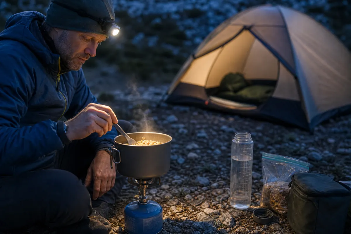 Trekker preparing a simple one-pot dinner with measured water at a generic practice camp - practical trek dinner | KnowOutdoor