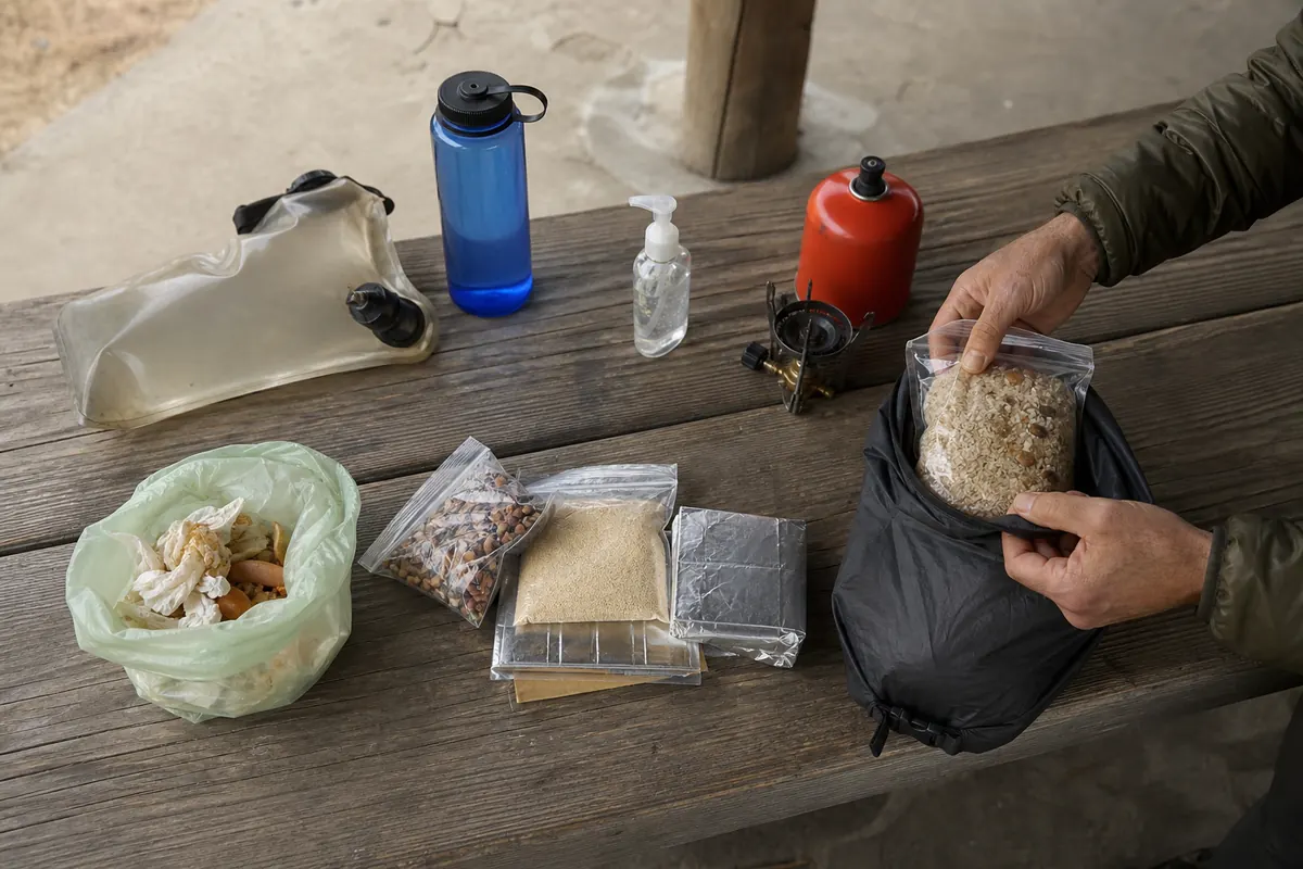 Shelf-stable trek food separated from clean water, sanitizer, stove fuel, and waste bag - trek food safety | KnowOutdoor