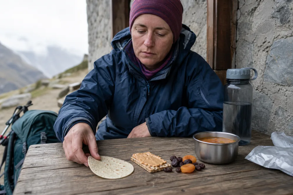Tired trekker choosing small familiar tortilla crackers dried fruit and soup portions at a sheltered stop - trek food for low appetite | KnowOutdoor
