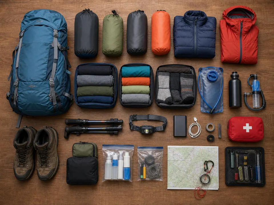 Trekking pack and organized dry bags, layers, water filter, first aid kit, map, and repair supplies on a table